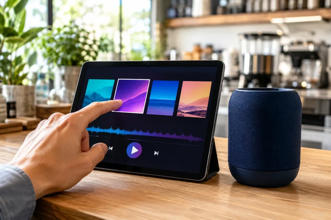 Tablet, das eine verwaltete Musikwiedergabeliste neben einem kabellosen Lautsprecher anzeigt