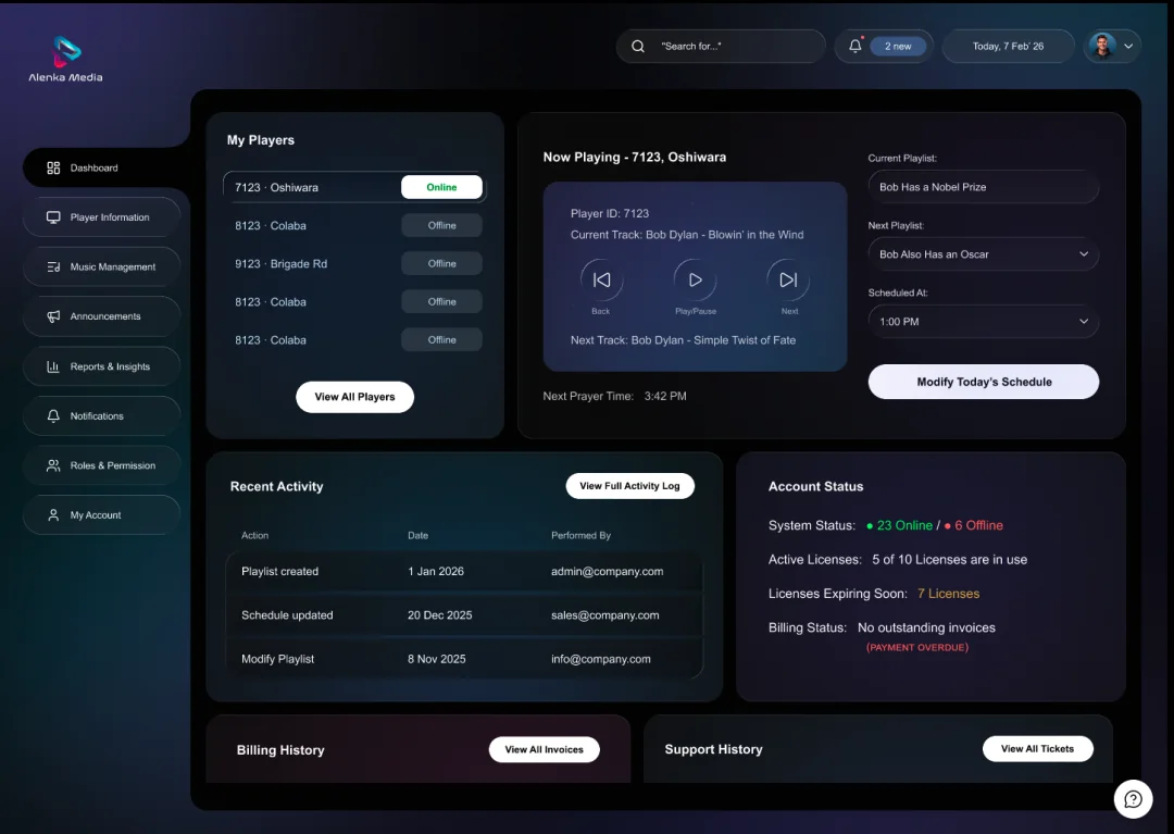 Alenka SmartMusic dashboard for scheduling and managing background music