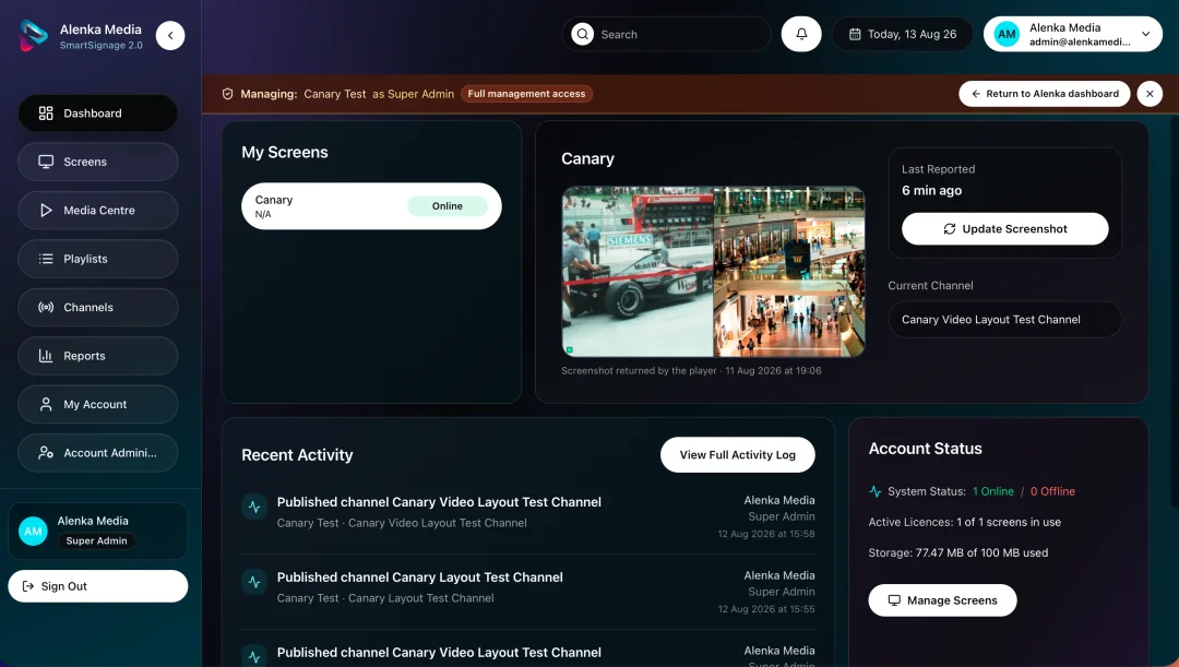 Alenka SmartSignage dashboard for managing digital signage screens